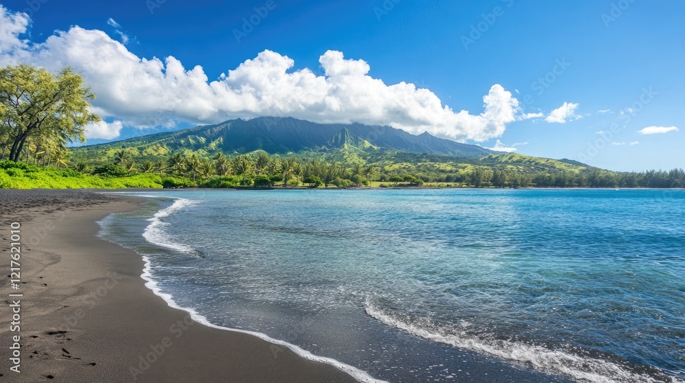 Scenic beach view with black sand and mountain backdrop under blue sky and fluffy clouds Copy Space Scenic beach view with black sand and mountain backdrop under blue sky and fluffy clouds Copy Space