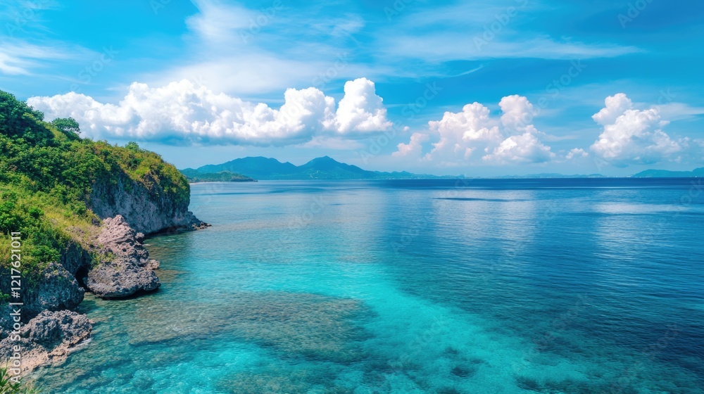 Tropical coastline with clear turquoise water and lush green vegetation under a blue sky with clouds Copy Space Tropical coastline with clear turquoise water and lush green vegetation under a blue sky with clouds Copy Space