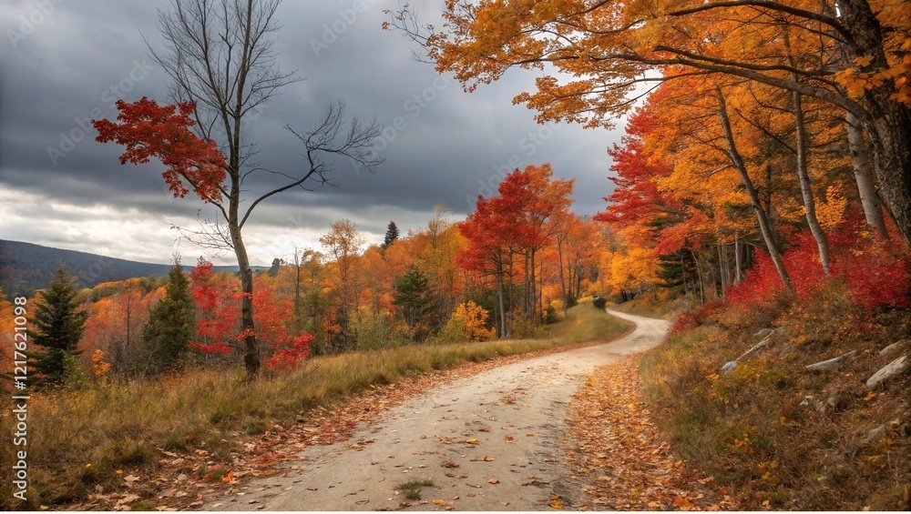 Fototapeta premium Scenic Autumn Forest Path with Vibrant Red and Orange Foliage Under Dramatic Cloudy Sky, Perfect for Nature, Travel, and Seasonal Concepts