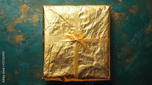 Gold wrapped gift box on textured teal background with ribbon and copy space photo