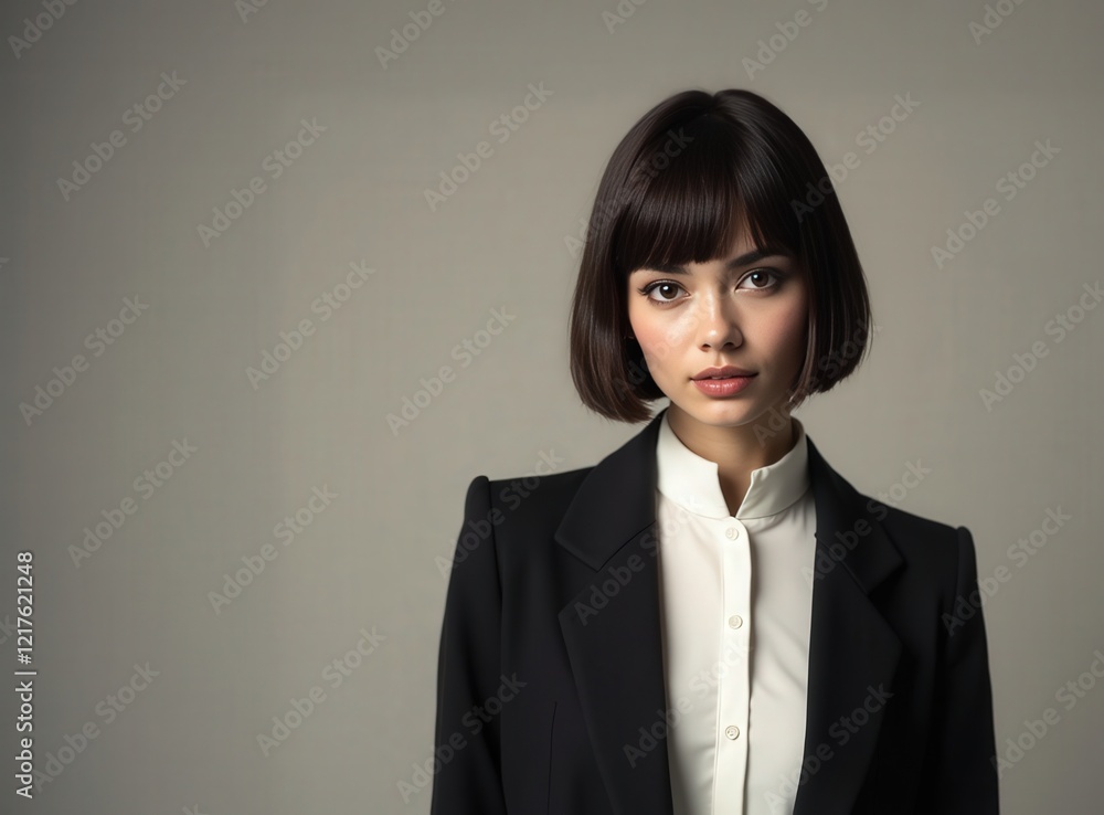 Confident woman in formal attire poses against a neutral background Confident woman in formal attire poses against a neutral background