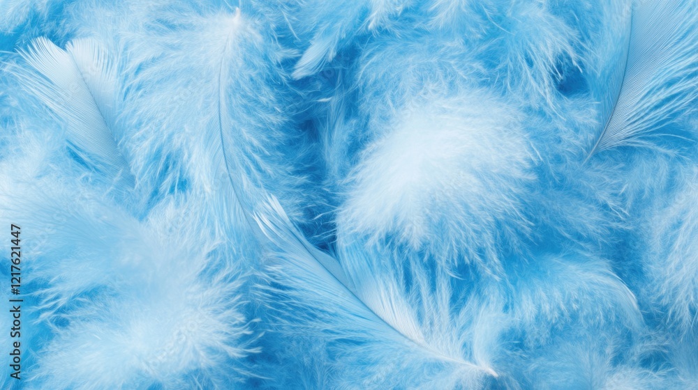 Obraz premium Blue feathers background texture with soft and fluffy appearance featuring copy space for text placement.