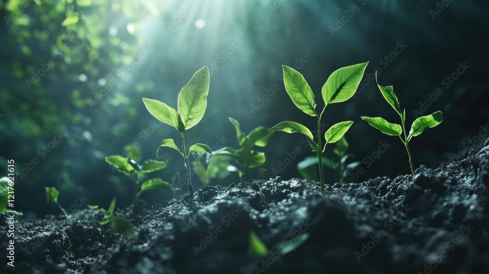 Green plant seedlings emerging from dark rich soil in a sunlit forest, with ethereal light rays creating a soft glow, Copy Space Green plant seedlings emerging from dark rich soil in a sunlit forest, with ethereal light rays creating a soft glow, Copy Space