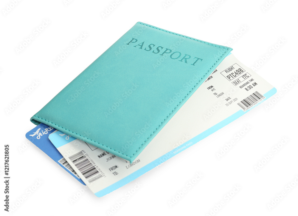 One passport with tickets isolated on white One passport with tickets isolated on white