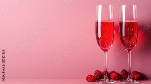 Two glasses of sparkling raspberry beverage on a pink background with fresh raspberries and copy space photo