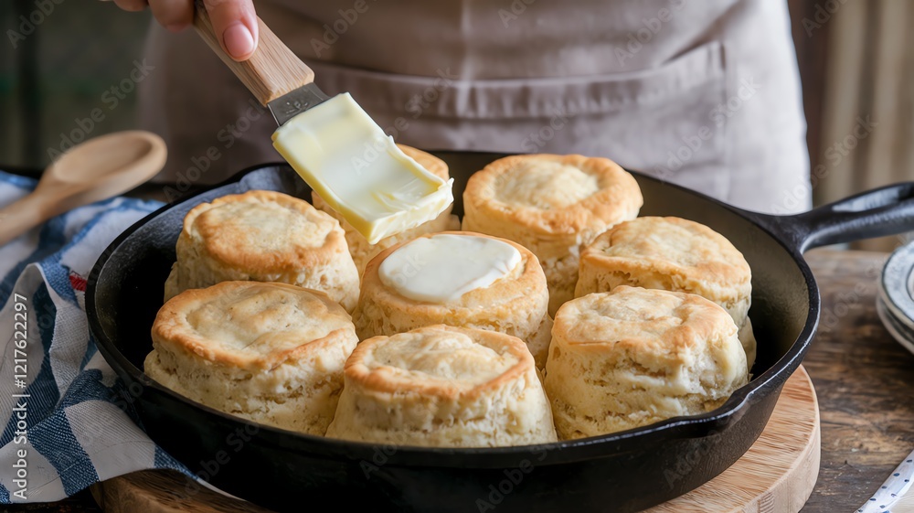 A close-up of freshly baked biscuits served in a cast iron skillet, with a hand applying butter on top. Perfect for breakfast or brunch, showcasing comfort food at its finest. A close-up of freshly baked biscuits served in a cast iron skillet, with a hand applying butter on top. Perfect for breakfast or brunch, showcasing comfort food at its finest.