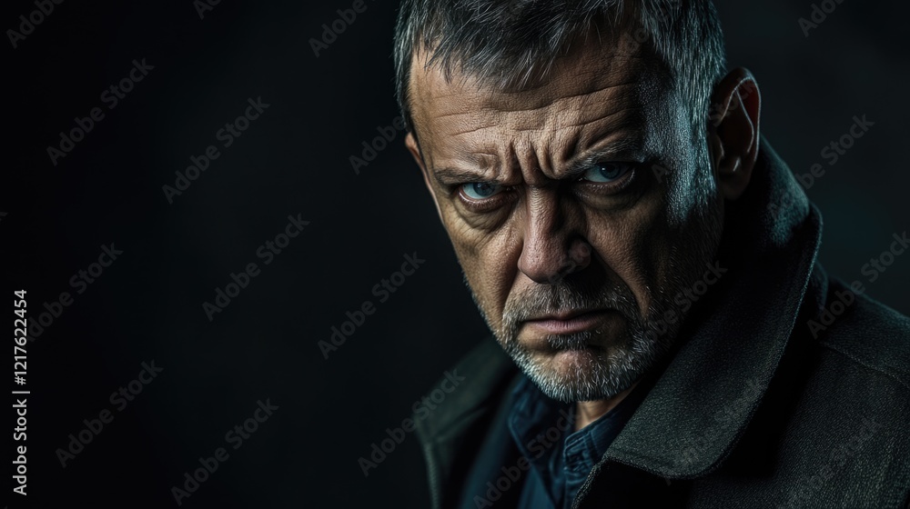 Portrait of a stern middle-aged man with intense expression and rugged appearance against a dark background Copy Space Portrait of a stern middle-aged man with intense expression and rugged appearance against a dark background Copy Space