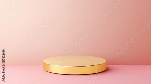 Golden round display podium on a pink background with soft lighting and copy space for product placement or advertising. photo