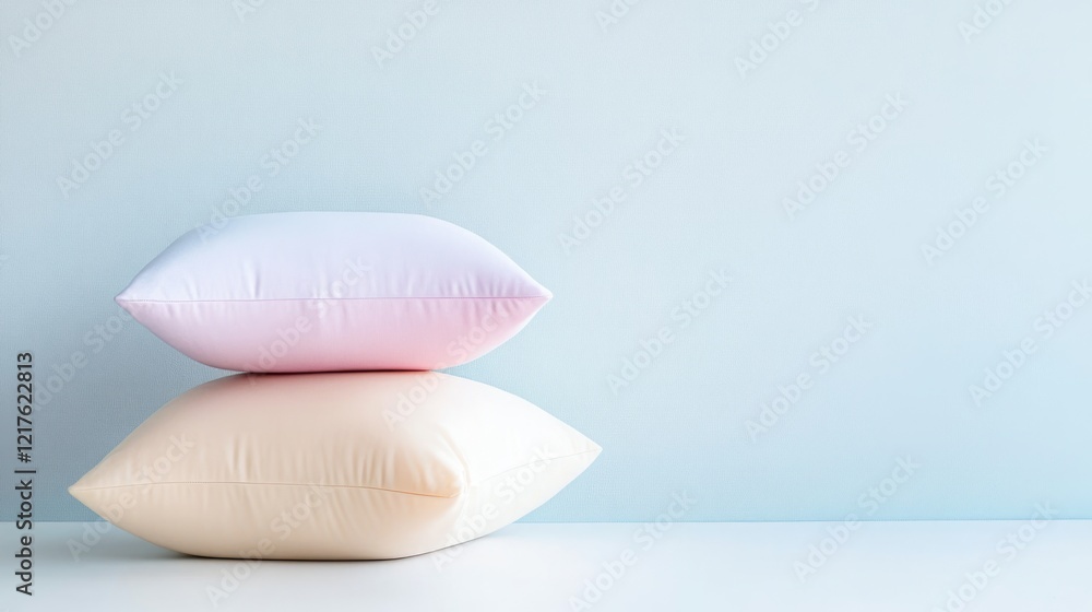 Fototapeta premium Two soft decorative pillows in pastel colors stacked on a clean wooden surface against a light blue wall with copy space.