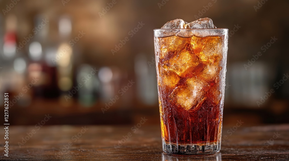Cold carbonated drink with ice cubes in a clear glass on a wooden table with blurred background Copy Space Cold carbonated drink with ice cubes in a clear glass on a wooden table with blurred background Copy Space