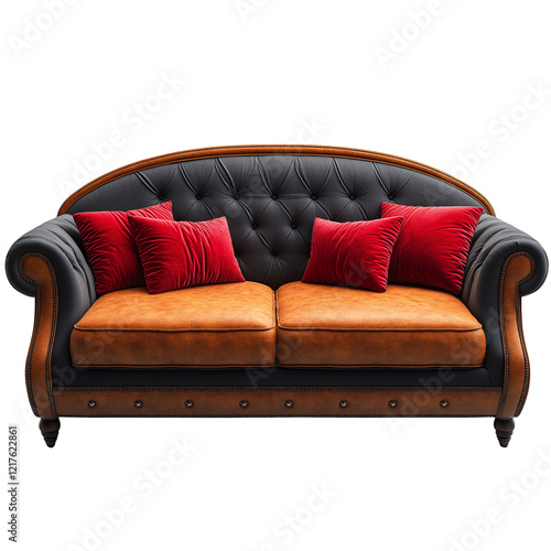 Classic Chesterfield Sofa: A stately and inviting Chesterfield sofa with tufted black leather upholstery and a plush burgundy velvet pillow. photo