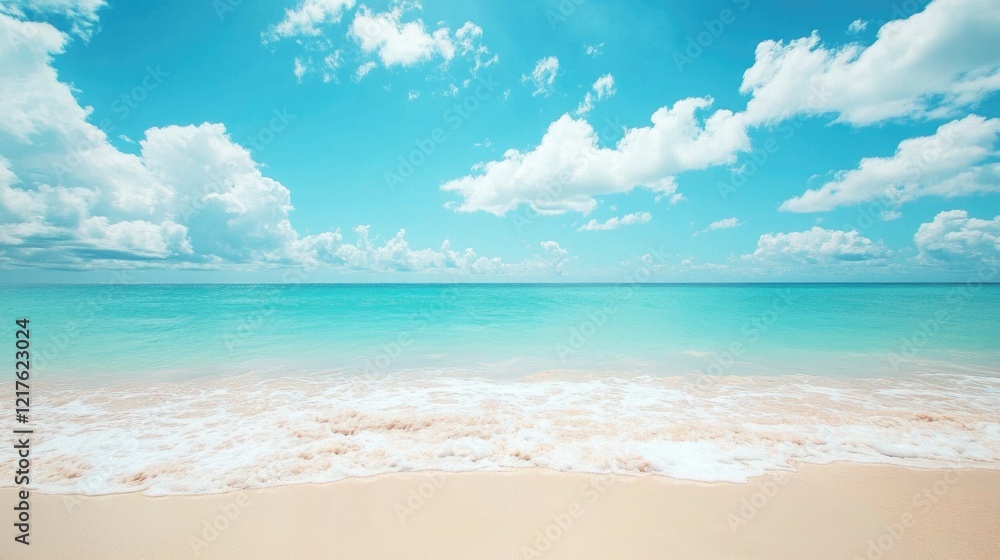 Calm tropical beach with soft waves, clear turquoise water, and fluffy clouds under a bright blue sky, featuring ample Copy Space. Calm tropical beach with soft waves, clear turquoise water, and fluffy clouds under a bright blue sky, featuring ample Copy Space.