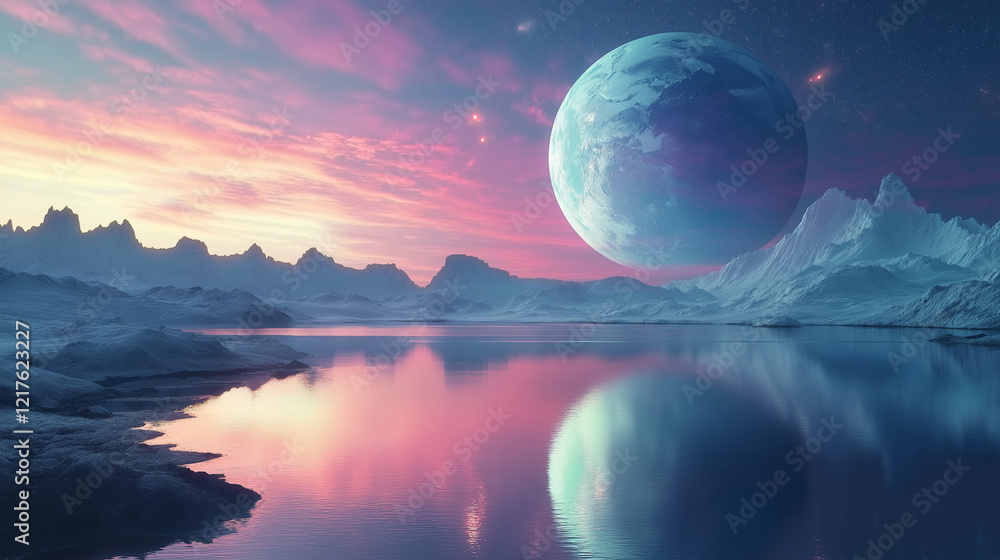 a planet rising over a water surface reflecting the sky a planet rising over a water surface reflecting the sky