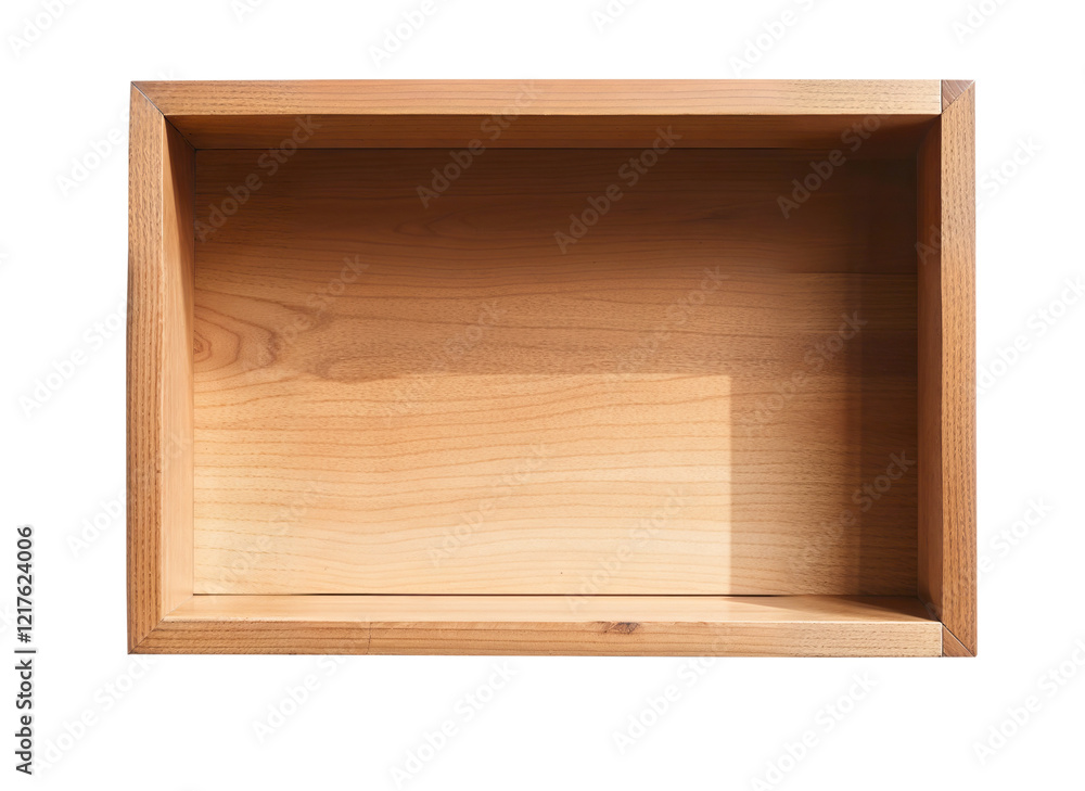 Empty wooden box displaying light and shadow on white background Empty wooden box displaying light and shadow on white background