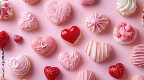 Colorful assortment of heart-shaped cupcakes and strawberries on pink background with Copy Space for text