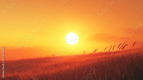 Sunset over golden grass field with warm tones and clear sky, featuring sun disk on horizon, Copy Space available for text.
