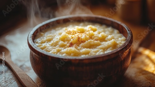 Warm creamy porridge served in a wooden bowl with steam rising in a kitchen setting displayed on a rustic wooden surface Copy Space