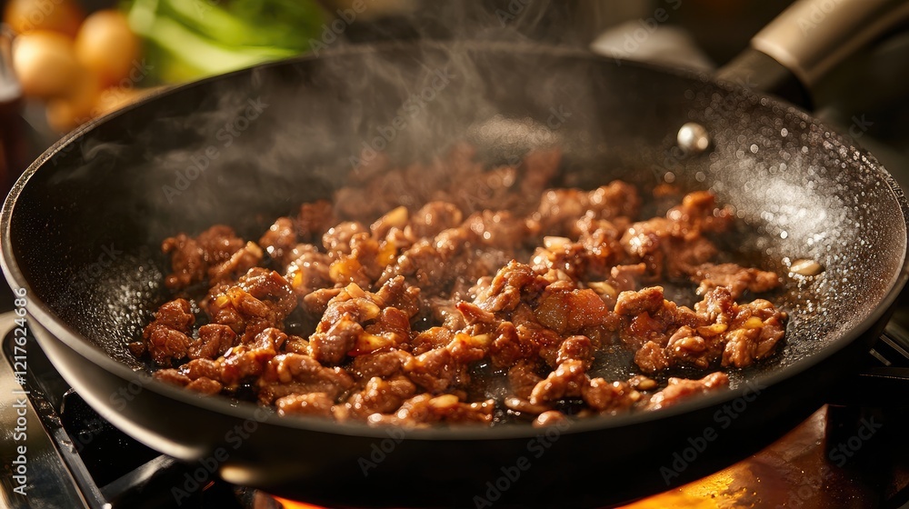 Cooking process of sizzling meat in frying pan with steam and visible oil, kitchen environment, Copy Space available Cooking process of sizzling meat in frying pan with steam and visible oil, kitchen environment, Copy Space available