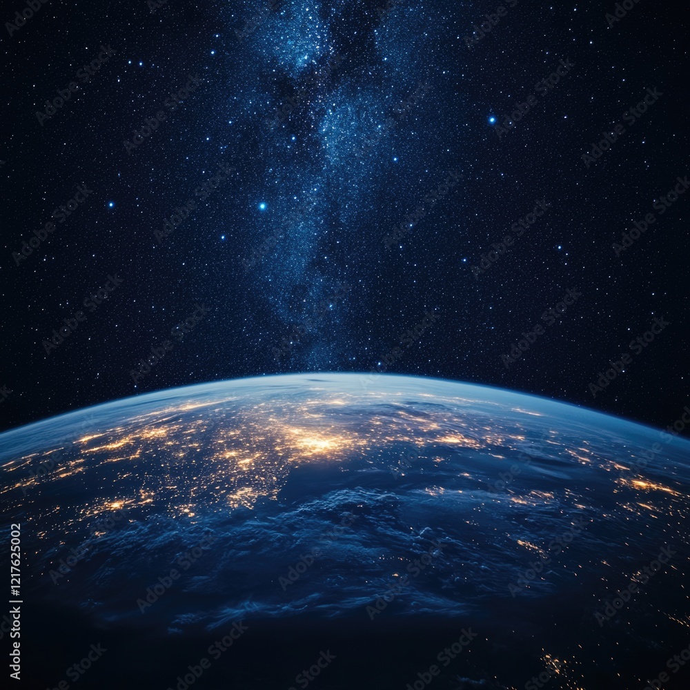 Obraz premium View of Earth from space at night with glowing city lights and a starry sky filled with the Milky Way and Copy Space