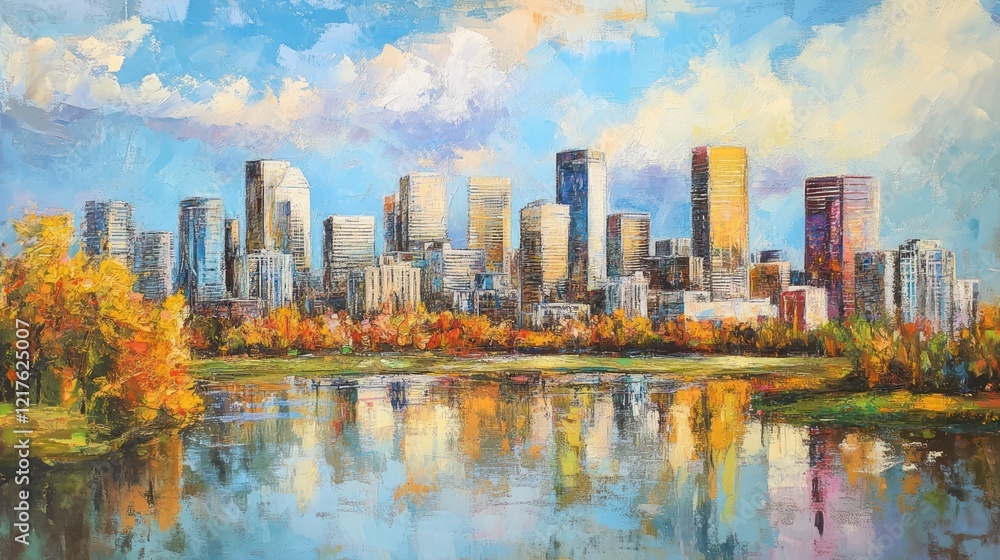 Obraz premium Autumnal Cityscape Reflection: A Vibrant Oil Painting of Denver's Skyline