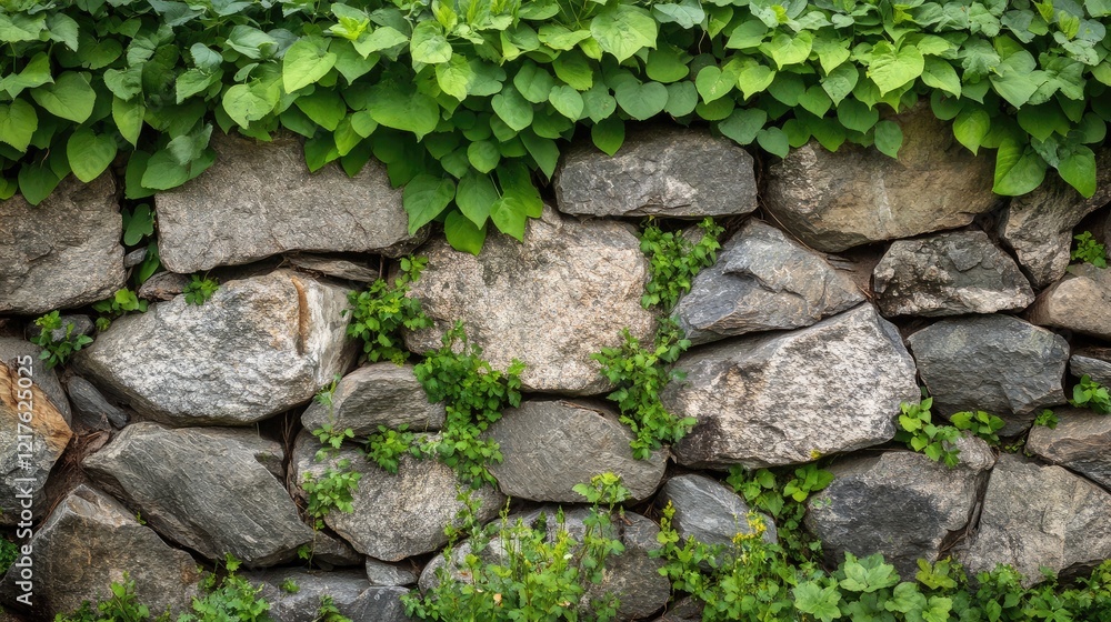 Stone wall covered with green foliage and plants demonstrating natural texture and botanical growth Copy Space available Stone wall covered with green foliage and plants demonstrating natural texture and botanical growth Copy Space available