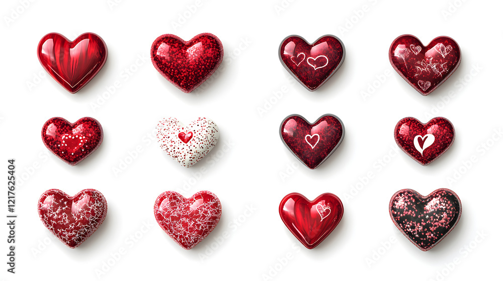 ? A set of decorative love-themed magnets shaped like hearts isolated on white background in HD ? A set of decorative love-themed magnets shaped like hearts isolated on white background in HD
