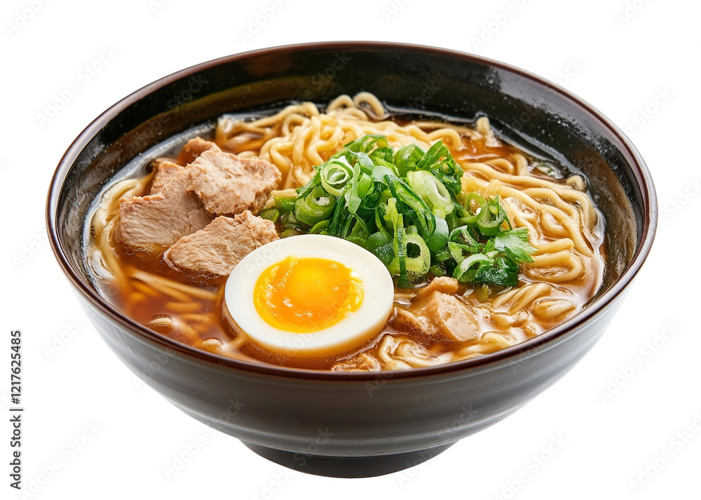 Delicious ramen bowl with noodles, meat, egg, and green onions, isolated on transparent cutout background Delicious ramen bowl with noodles, meat, egg, and green onions, isolated on transparent cutout background