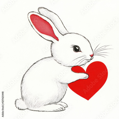 Vintage retro white bunny illustration for a kitsch Valentine’s Day card, isolated clipart on a white background photo