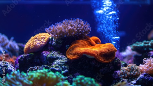 Vibrant Coral Reef with Colorful Marine Life Under Blue Water with Air Bubbles Copy Space photo