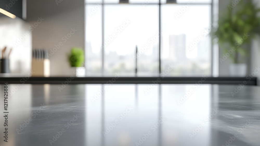 Modern kitchen countertop with blurred view of cityscape through large windows, featuring minimalist design and ample copy space. Modern kitchen countertop with blurred view of cityscape through large windows, featuring minimalist design and ample copy space.