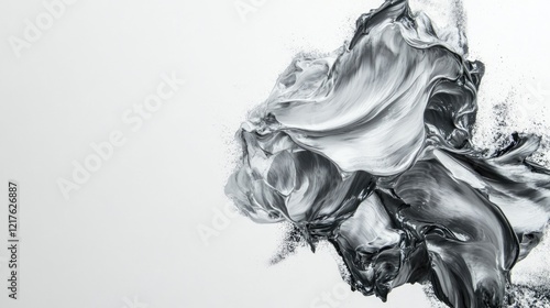 Abstract gray-black fluid paint texture with dynamic swirls and copy space for text on light background