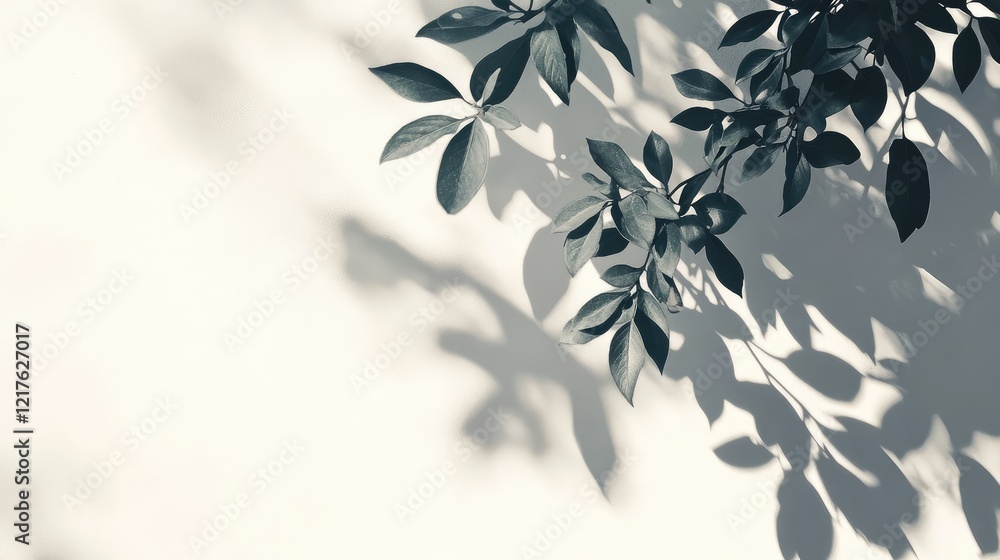 Leaves casting shadows on a light wall with soft lighting and ample copy space for text placement. Leaves casting shadows on a light wall with soft lighting and ample copy space for text placement.