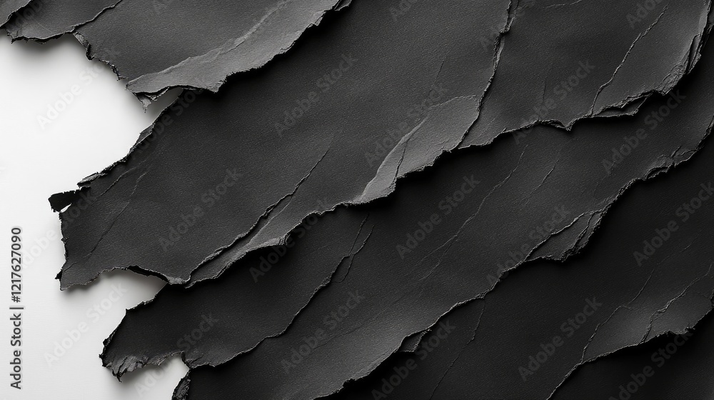 Black textured paper with torn edges overlapping, creating a layered effect on a white background with copy space.