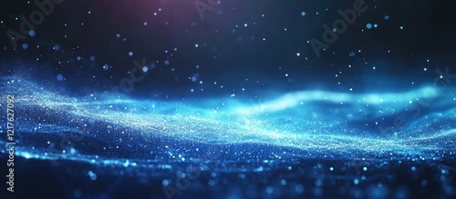 Abstract blue glowing wave with sparkling particles in dark background Copy Space.