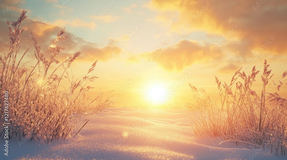 Obraz premium Winter sunrise over a snowy landscape with frost-covered grass in the foreground and colorful clouds in the background Copy Space