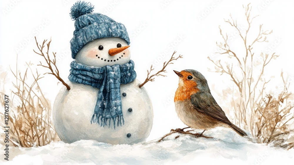 Obraz premium Friendly snowman wearing a blue hat and scarf with a robin perched nearby in a winter scene.