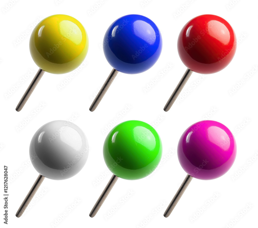 Set of colorful push pins in vibrant hues, isolated on transparent cutout background Set of colorful push pins in vibrant hues, isolated on transparent cutout background
