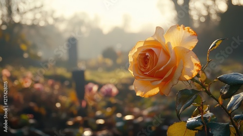 Yellow rose blooming in a cemetery during sunrise with soft light and blurred gravestones in the background Copy Space photo