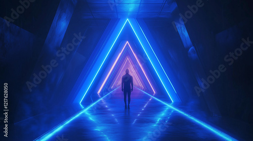 Dark blue 3d background abstract triangle neon light geometric