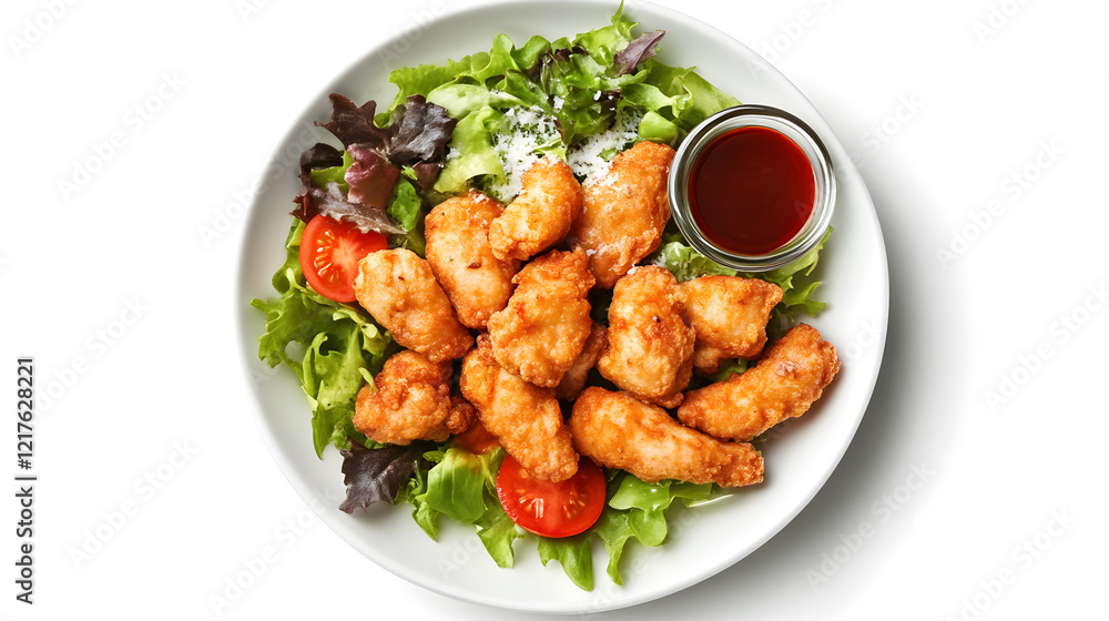 Delicious Fried Chicken and Grilled Fish Dinner Plate with Salad and Roasted Vegetables Delicious Fried Chicken and Grilled Fish Dinner Plate with Salad and Roasted Vegetables