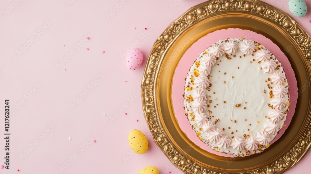 Cake on an ornate gold platter with decorative pastel Easter eggs on a pink background Copy Space Cake on an ornate gold platter with decorative pastel Easter eggs on a pink background Copy Space