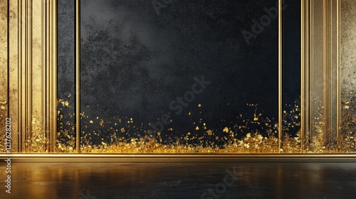 Elegant gold and black textured wall with ornate frames and decorative elements Copy Space