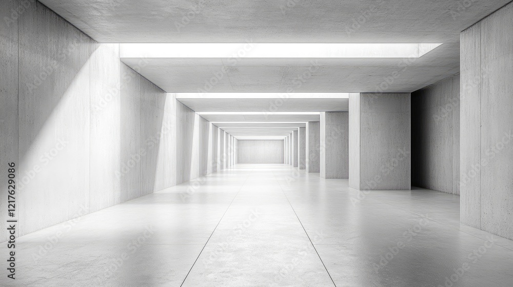Minimalist modern interior with concrete walls and open space illuminated by skylights in a symmetrical perspective, Copy Space. Minimalist modern interior with concrete walls and open space illuminated by skylights in a symmetrical perspective, Copy Space.