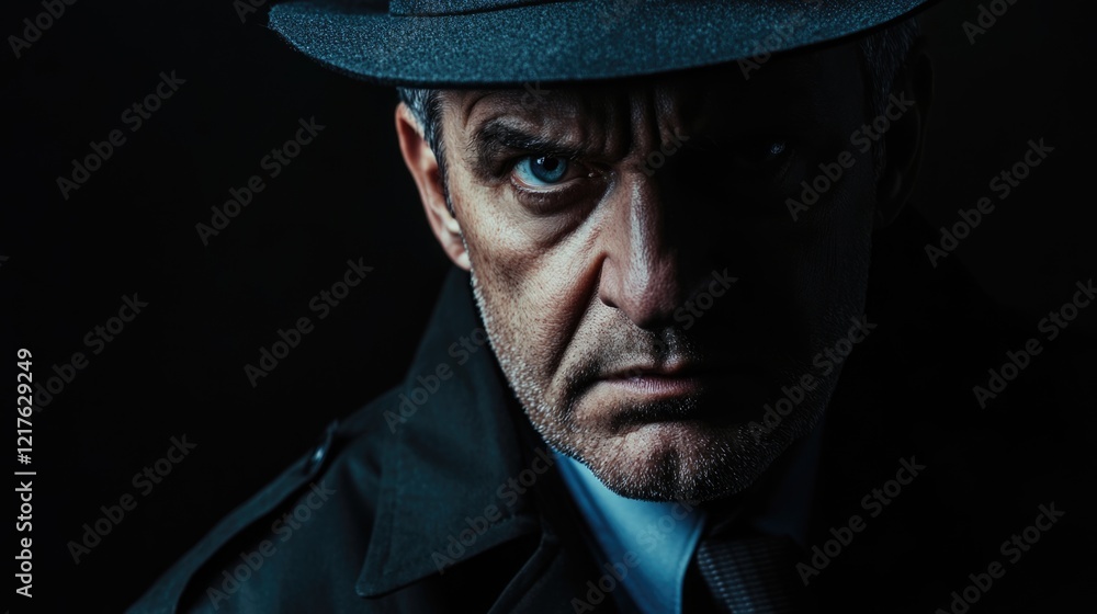 Intense close-up portrait of a serious man in a fedora hat and coat with dramatic lighting and dark background Copy Space available Intense close-up portrait of a serious man in a fedora hat and coat with dramatic lighting and dark background Copy Space available