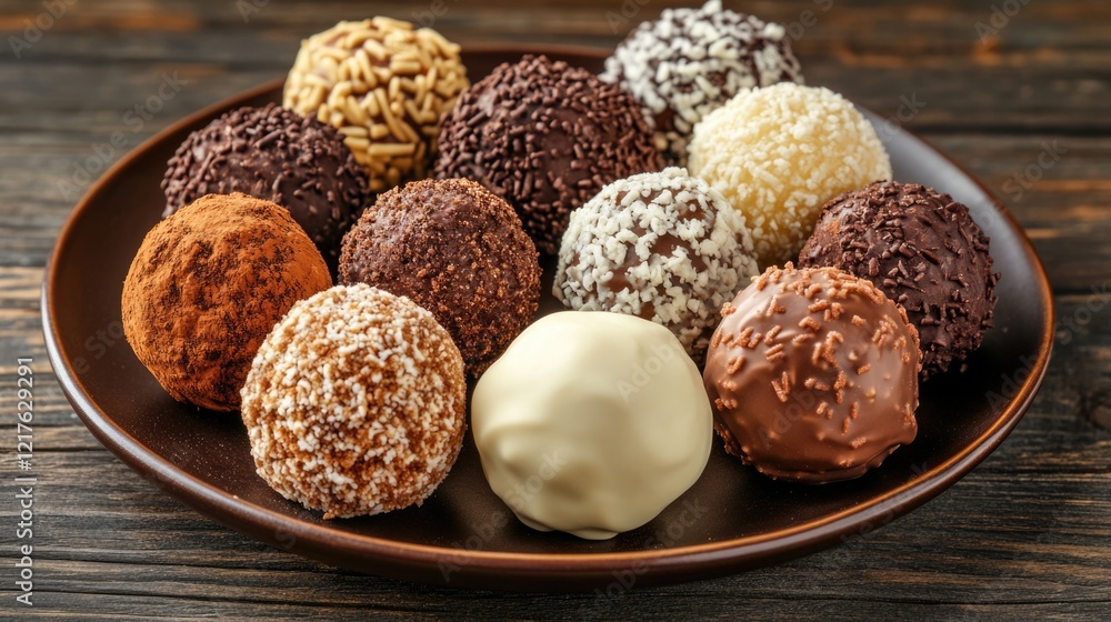 Assorted chocolate truffles on a dark plate with wooden background Copy Space Assorted chocolate truffles on a dark plate with wooden background Copy Space