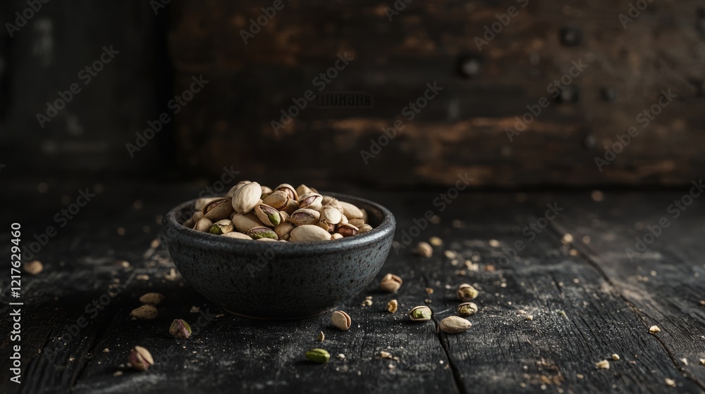 Bowl of pistachios on rustic wooden surface with scattered nuts and dark background Copy Space Bowl of pistachios on rustic wooden surface with scattered nuts and dark background Copy Space