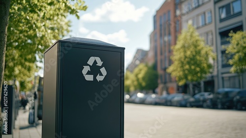 Recycling Bin on Urban Street with Trees and Buildings in Background Copy Space