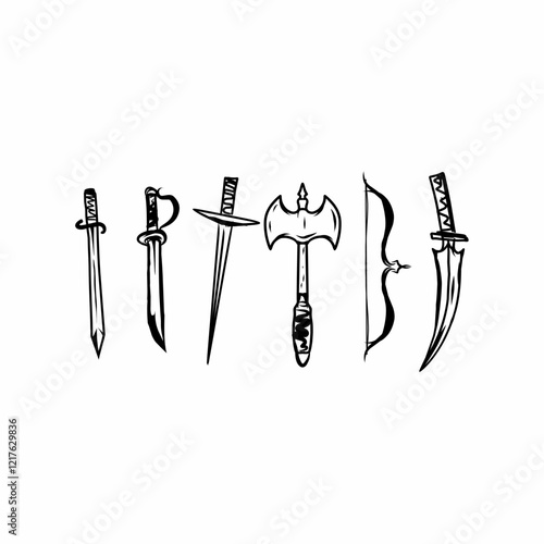 medieval weapons. swords, axes, and a bow. Hand drawn black and white vector illustration. Perfect for game design, historical themes, or graphic projects