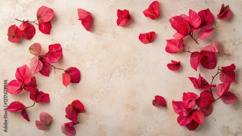 Red bougainvillea petals on textured beige background with Copy Space for text or graphics.