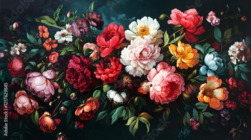Wallpaper Mural Beautiful floral mural with dark background and vibrant flowers, showcasing peonies and other blooms in rich colors, perfect for home decor Torontodigital.ca